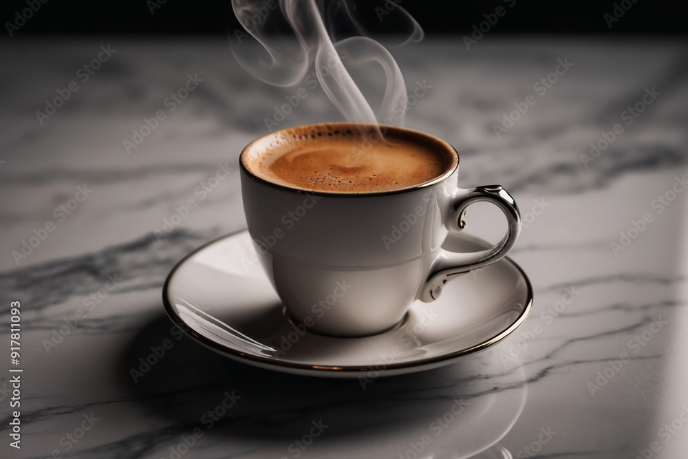 Steaming Cup of Espresso on Marble Countertop Steaming Cup of Espresso on Marble Countertop