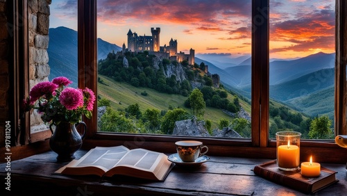 Castle view, cozy room, magical night sky, sunset, introspection, melancholy, isolation, candlelight, flowers, steaming tea, vivid colors, ultra-HD, realism, historical, abstraction