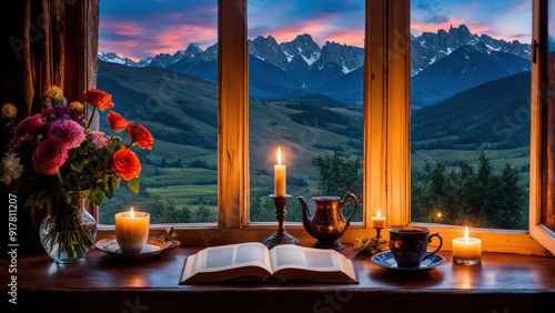 Castle view, cozy room, magical night sky, sunset, introspection, melancholy, isolation, candlelight, flowers, steaming tea, vivid colors, ultra-HD, realism, historical, abstraction