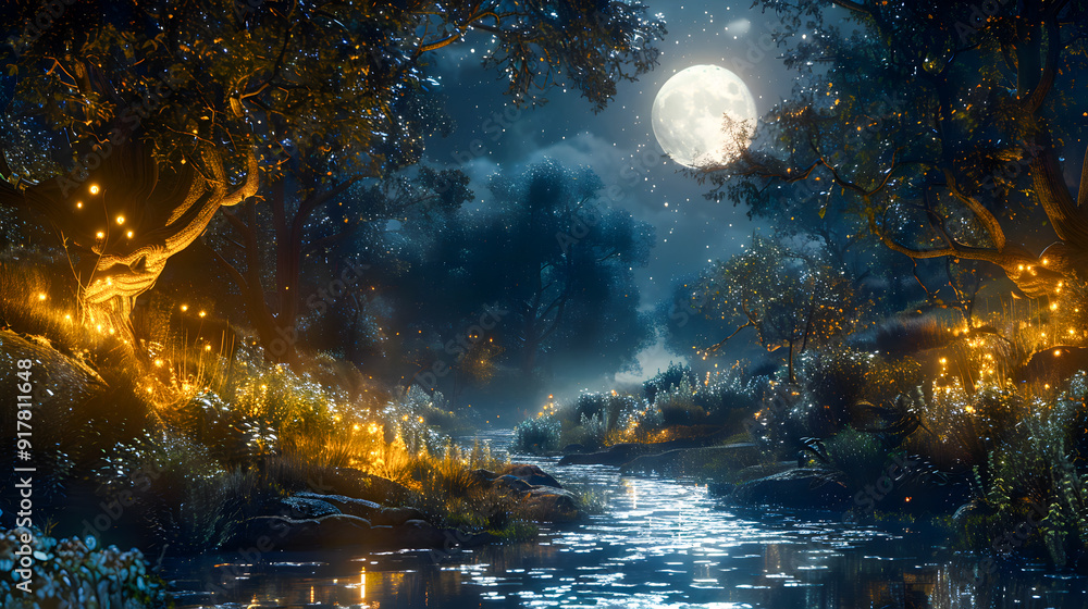 Magical fantasy fairy tale scenery, night in a forest Magical fantasy fairy tale scenery, night in a forest