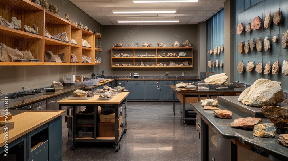 Geology lab with rock and mineral samples displayed on shelves and tables Geology lab with rock and mineral samples displayed on shelves and tables