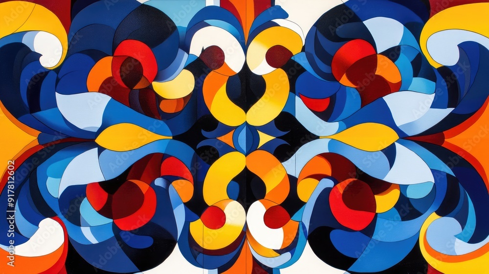 Abstract kaleidoscopic design featuring swirling tendrils of blue, red, and yellow geometric shapes Abstract kaleidoscopic design featuring swirling tendrils of blue, red, and yellow geometric shapes