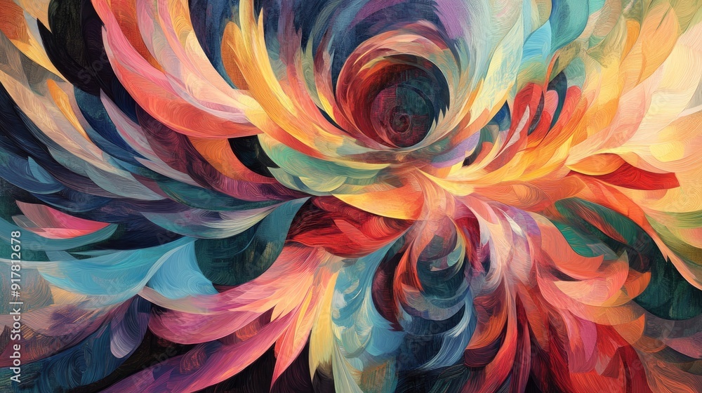 Abstract visual symphony of vibrant swirling shapes, soft feathers, and kaleidoscopic hues Abstract visual symphony of vibrant swirling shapes, soft feathers, and kaleidoscopic hues