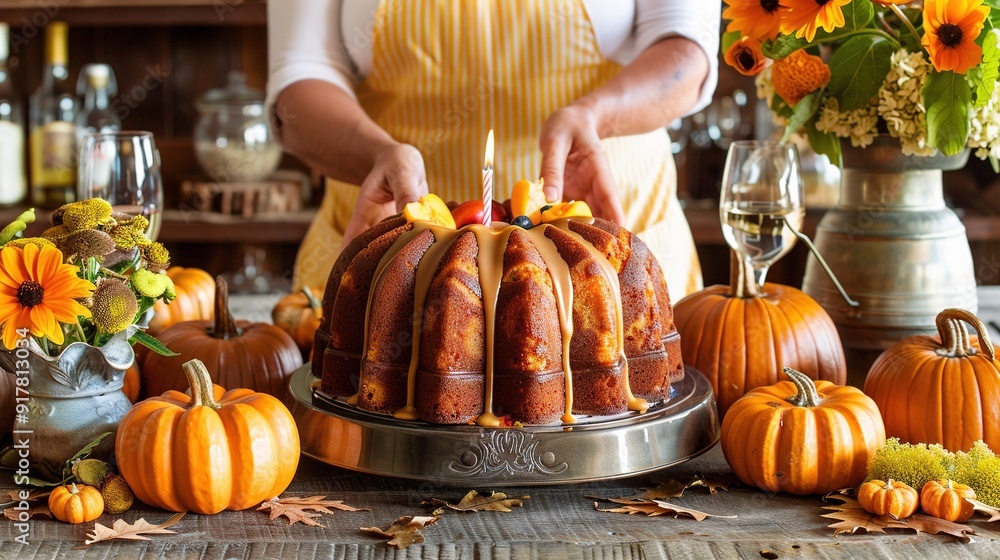 A person is adorning a Bundt cake with candles on a table with pumpkins and sunflowers A person is adorning a Bundt cake with candles on a table with pumpkins and sunflowers