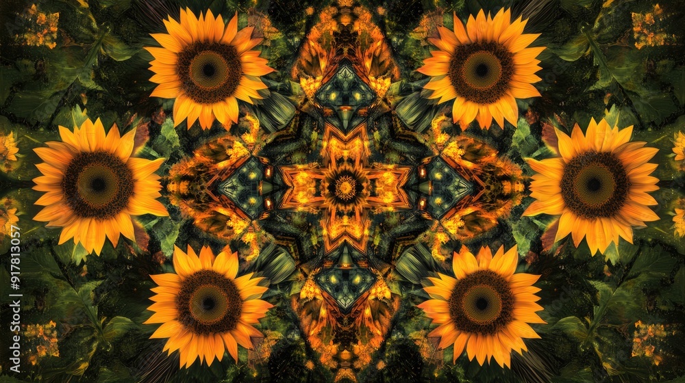 Kaleidoscopic abstract composition of sunflowers and geometric shapes, creating a vibrant and intricate design Kaleidoscopic abstract composition of sunflowers and geometric shapes, creating a vibrant and intricate design