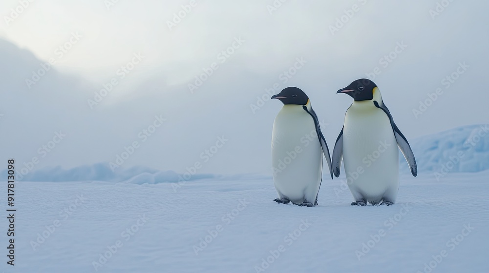 Naklejka premium A tender moment between two penguins walking close together on a snow-covered plain.