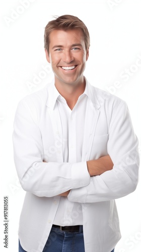 Smiling Confident Man in White Shirt with Arms Crossed on White Background - Professional and Friendly Portrait