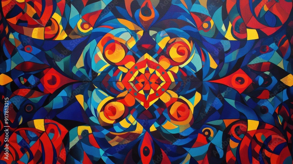 Fototapeta premium Kaleidoscopic patterns of swirling blue, red, and yellow geometric shapes in a vibrant abstract dance