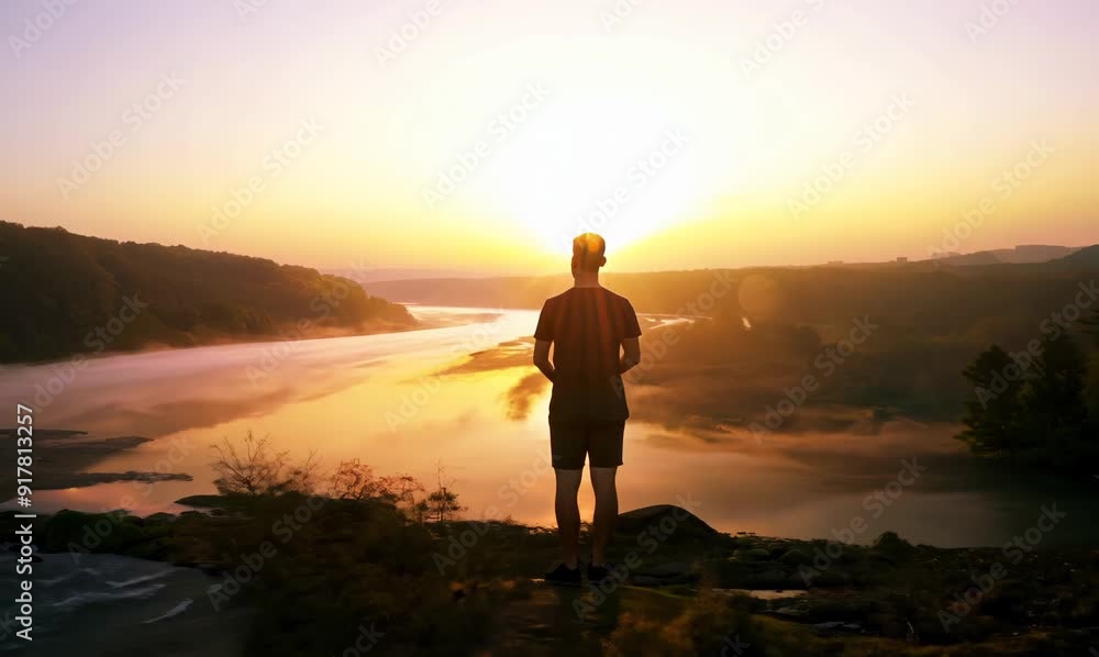 Silhouette of a man standing on the edge of a cliff and watching the sunrise Silhouette of a man standing on the edge of a cliff and watching the sunrise