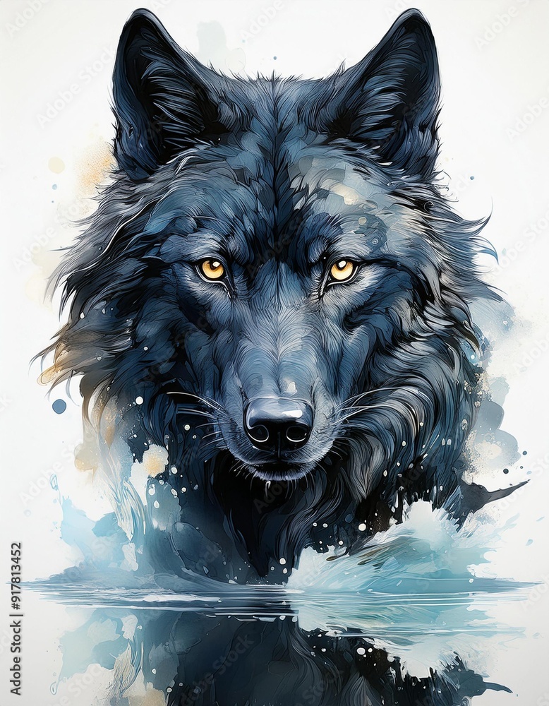 Black wolf in the water in watercolor Black wolf in the water in watercolor