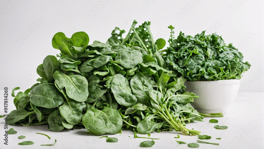 Organic leafy greens including spinach kale and arugula on white background with ample copy space Healthy greens concept Organic leafy greens including spinach kale and arugula on white background with ample copy space Healthy greens concept