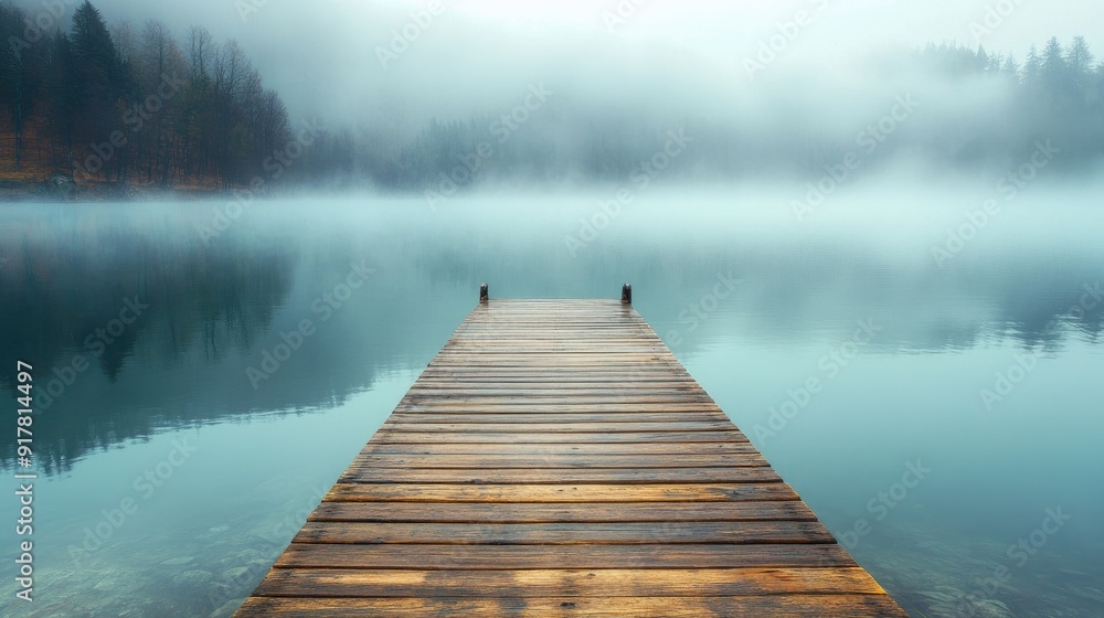 Fototapeta premium Peaceful lake with a wooden dock and mist rising from the water
