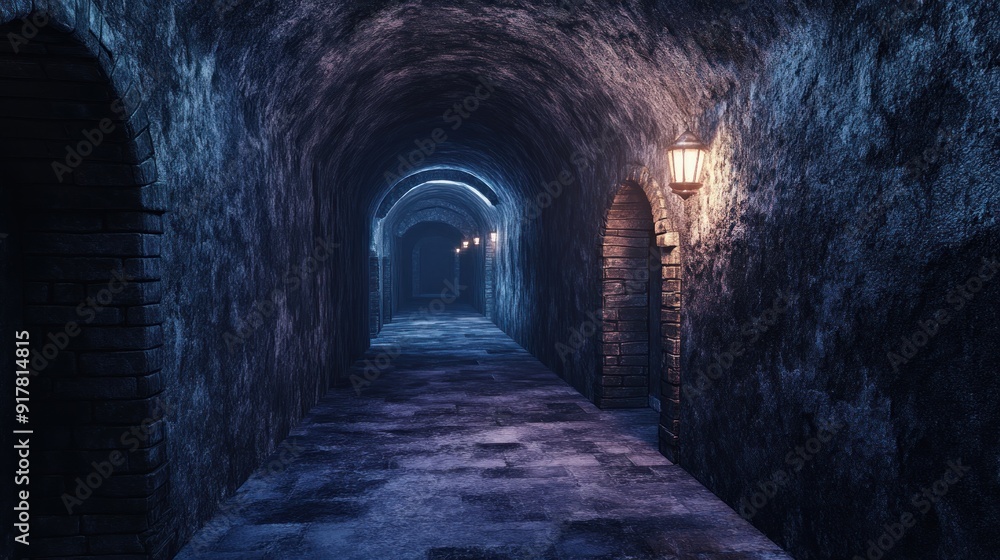 Dark and Mysterious Stone Corridor with Faint Lights Dark and Mysterious Stone Corridor with Faint Lights