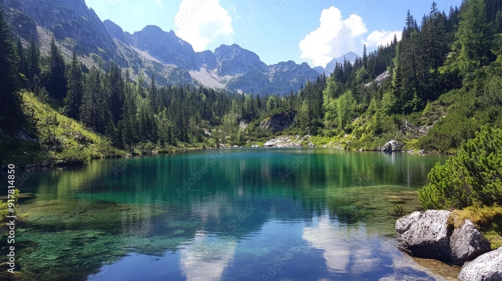 Scenic mountain lake with crystal clear water and surrounding trees Scenic mountain lake with crystal clear water and surrounding trees