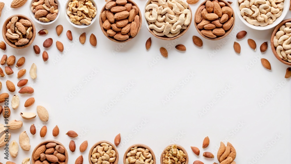 Fototapeta premium Organic nuts including almonds walnuts and cashews on white background with ample copy space Nutritious snacks concept