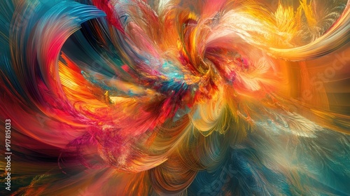 Swirling shapes, kaleidoscopic hues, and feathery textures in a vibrant abstract visual symphony