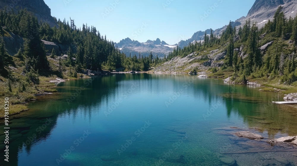 Scenic mountain lake with crystal clear water, surrounded by evergreen trees Scenic mountain lake with crystal clear water, surrounded by evergreen trees