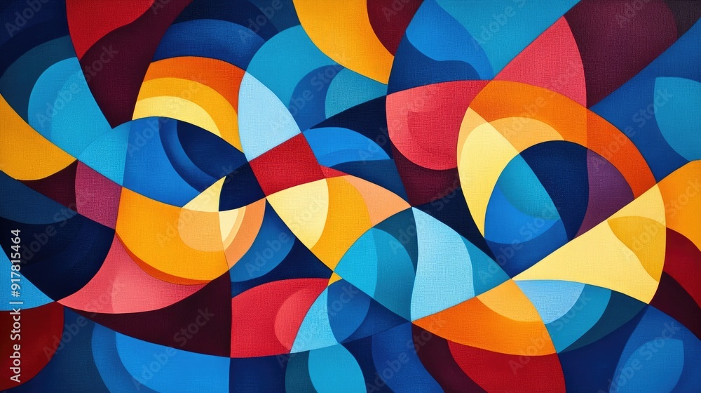 Vibrant geometric shapes in blue, red, and yellow swirl and merge, forming abstract kaleidoscopic patterns Vibrant geometric shapes in blue, red, and yellow swirl and merge, forming abstract kaleidoscopic patterns