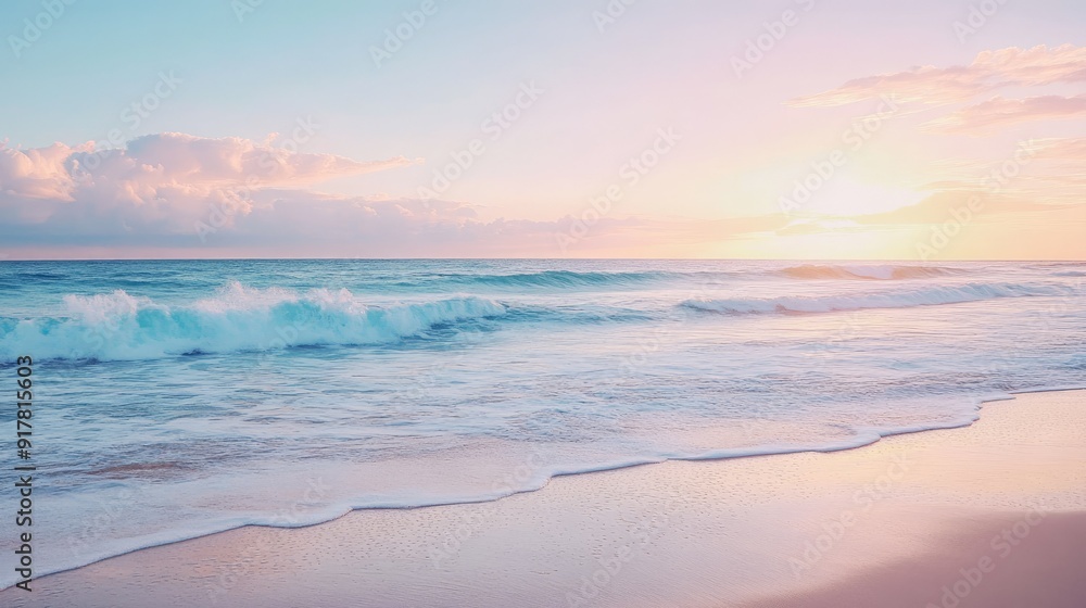Fototapeta premium Serene beach at sunrise with gentle waves and a pastel sky