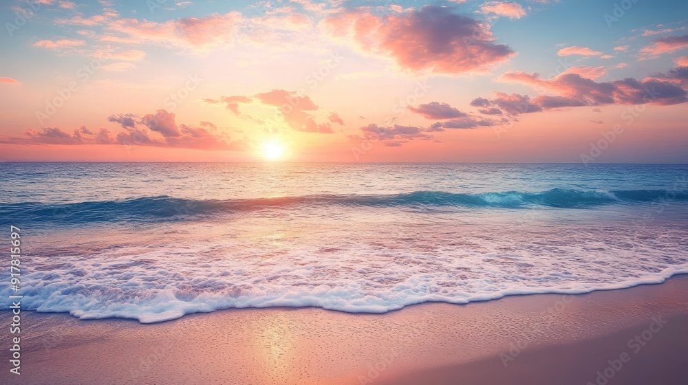 Serene beach at sunset with gentle waves and a vibrant sky Serene beach at sunset with gentle waves and a vibrant sky
