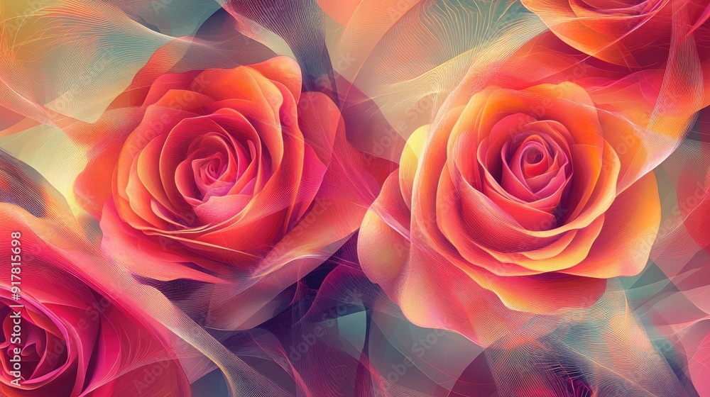 Vibrant roses in a seamless pattern of swirling curves and angular lines, creating a sense of dynamic digital energy Vibrant roses in a seamless pattern of swirling curves and angular lines, creating a sense of dynamic digital energy