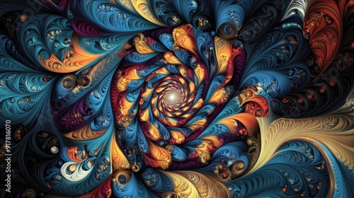 Wallpaper Mural Vibrant swirling tendrils of blue, red, and yellow shapes create mesmerizing kaleidoscopic patterns Torontodigital.ca