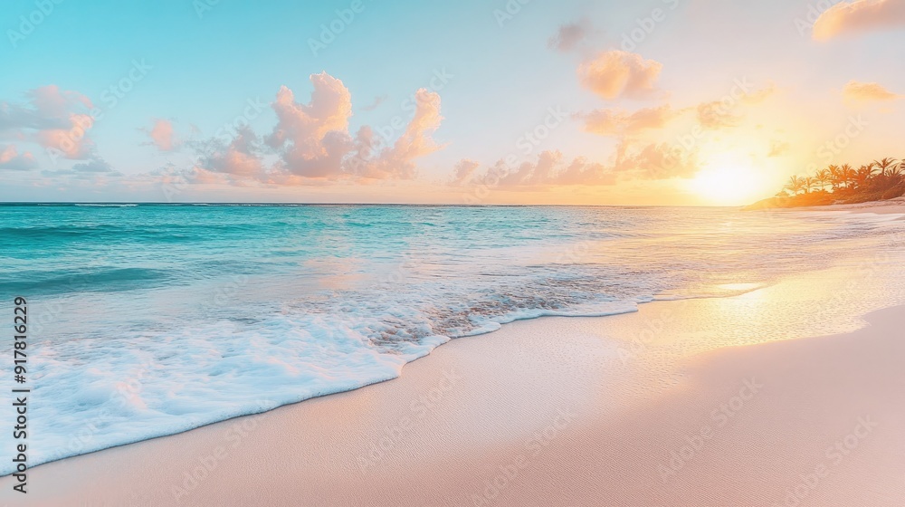 Obraz premium Serene beach with turquoise waters and white sand at sunrise