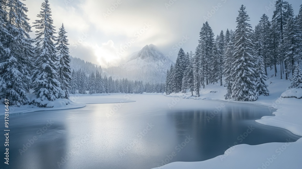 Snowy landscape with a frozen lake and snow-covered pine trees Snowy landscape with a frozen lake and snow-covered pine trees