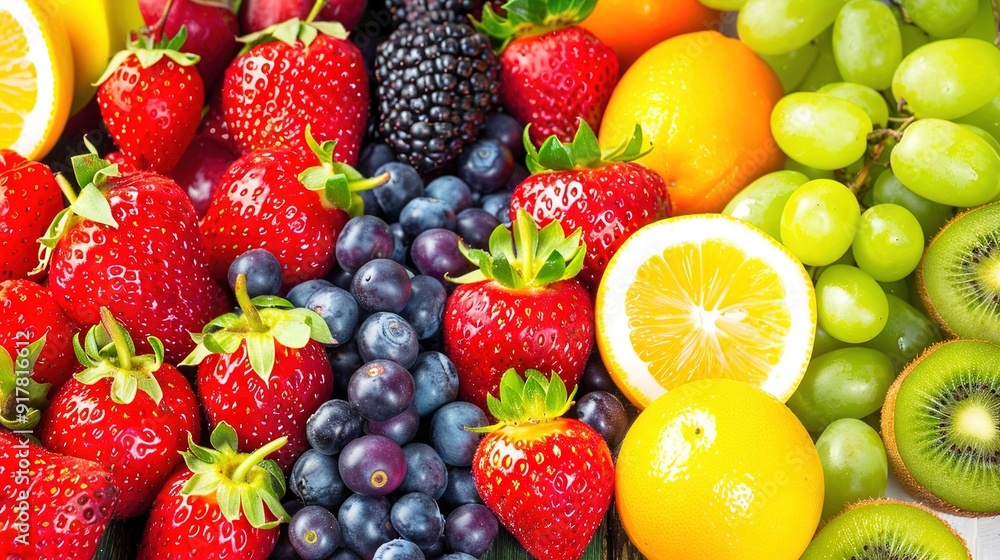 A zoom-in on a selection of fruits such as strawberries, oranges, grapes, and kiwis A zoom-in on a selection of fruits such as strawberries, oranges, grapes, and kiwis