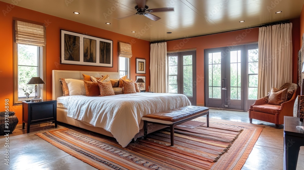 Naklejka premium Spacious master bedroom in a luxury home with a king-sized bed and stylish decor