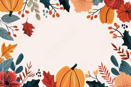 Autumn-themed floral frame with pumpkins, leaves, and flowers creating a festive border on a light background.