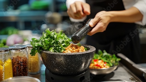 Chef Preparing a Dish in a Mortar