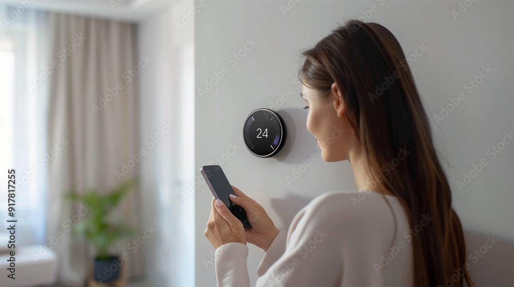A woman using her smartphone to adjust a smart thermostat mounted on a wall, in a modern, softly lit interior space.