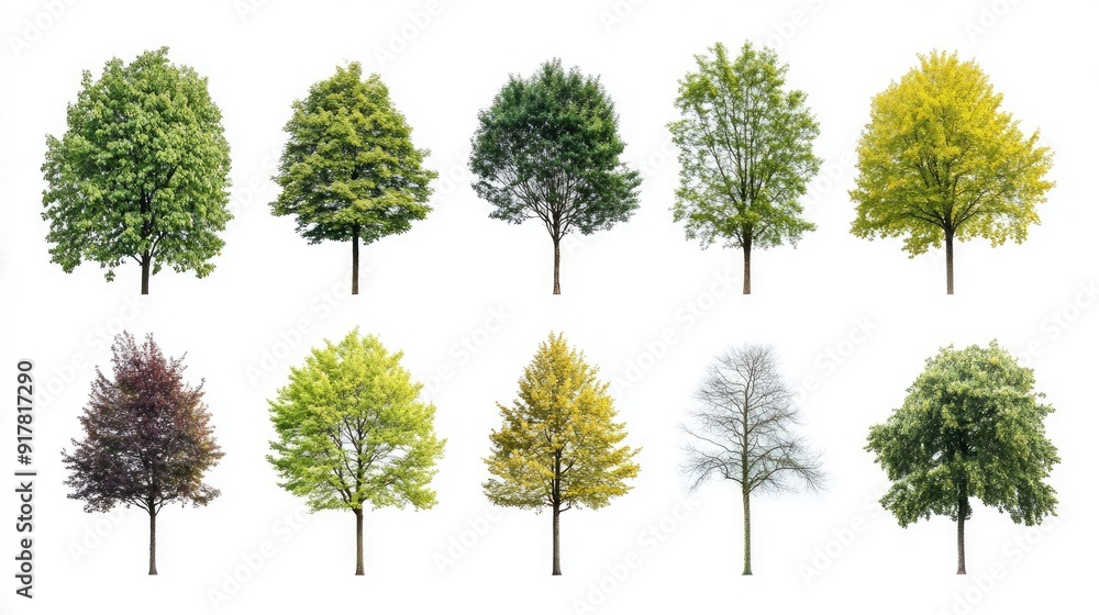 Obraz premium A variety of trees displayed on a white background, each one highlighted individually to show diversity in form and leaf shape.
