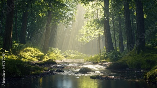 Tranquil forest with a stream and dappled sunlight filtering through