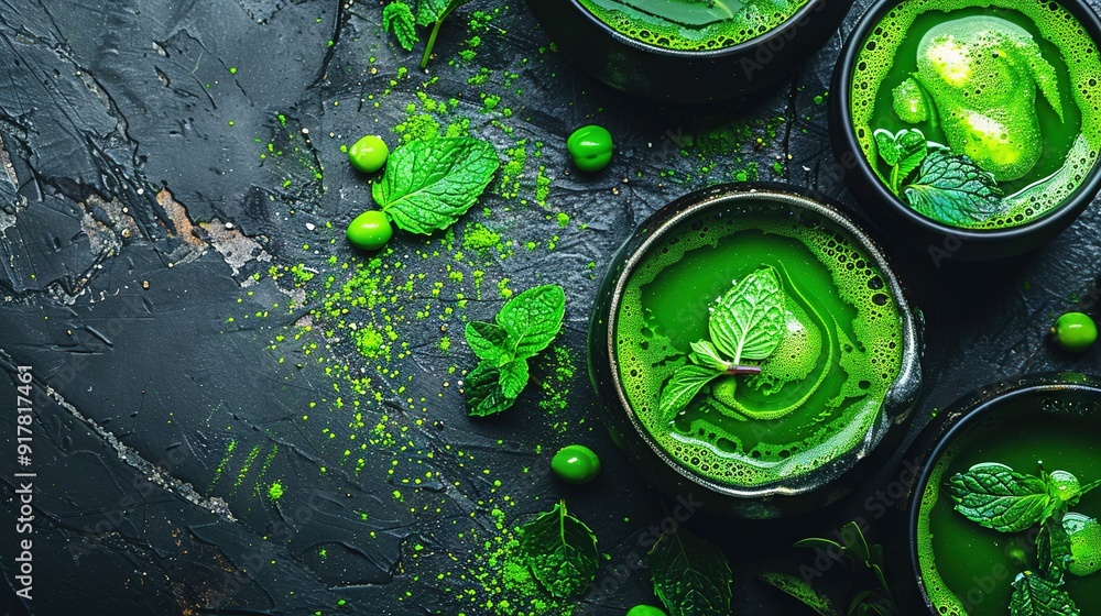 A black surface holds three glasses of green drink, topped with fresh mints and green sprinkles A black surface holds three glasses of green drink, topped with fresh mints and green sprinkles