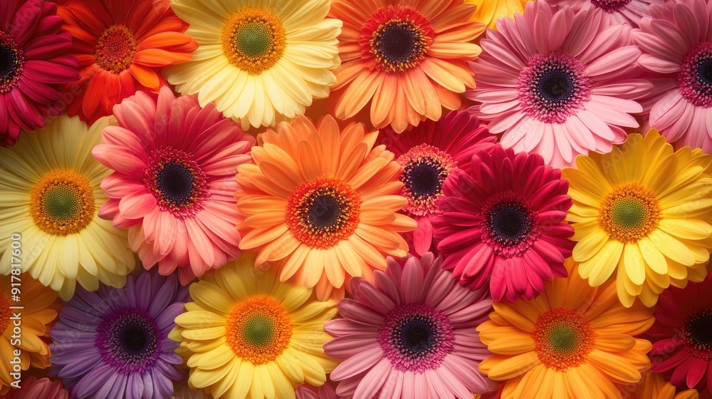 Vibrant gerbera daisies in various colors, creating a cheerful and bright floral background Vibrant gerbera daisies in various colors, creating a cheerful and bright floral background