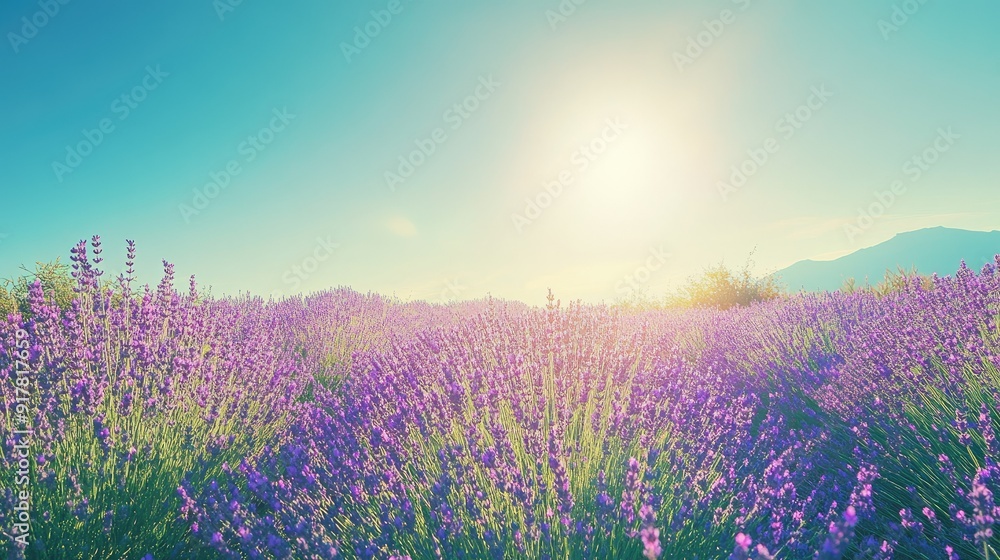 Fototapeta premium Vibrant lavender field under a clear, sunny sky