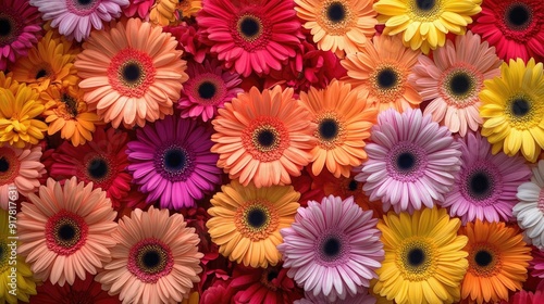 Vibrant gerbera daisies in various colors, creating a cheerful and bright floral background