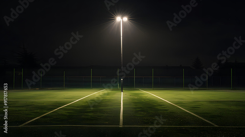 A tennis court is lit up at night with a bright light on a pole