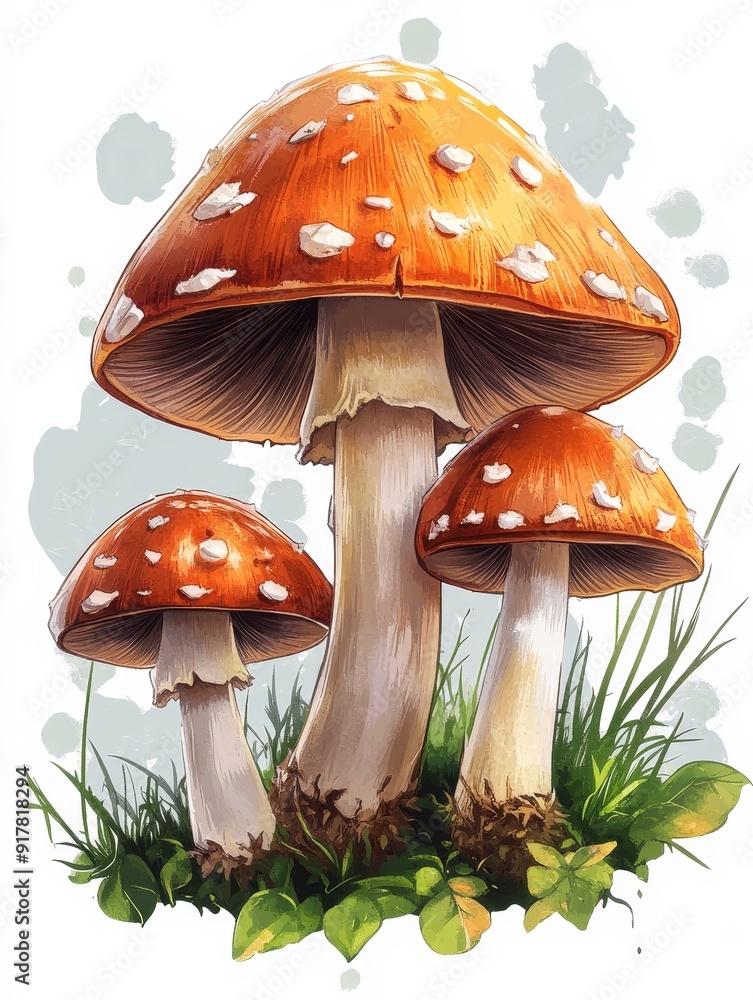 Three Red and White Toadstools with Green Leaves Three Red and White Toadstools with Green Leaves
