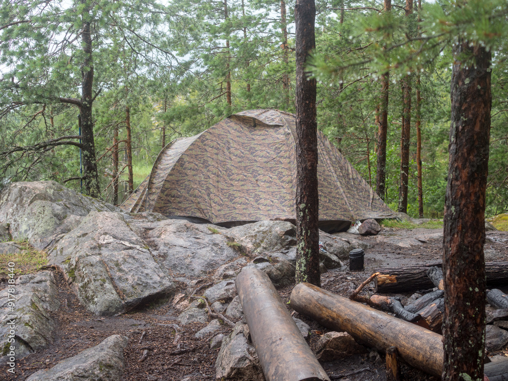 Fototapeta premium tourist camp with tent in the forest