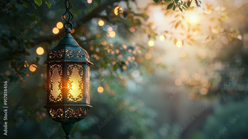 Hanging Ornamental Arabic lantern glowing in night invitation for Muslim holy month Ramadan Kareem. Hanging Ornamental Arabic lantern glowing in night invitation for Muslim holy month Ramadan Kareem.
