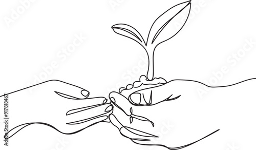 Single line drawing of a hand holding the seeds of a plant to be planted, line art vector illustration of Environment Day.