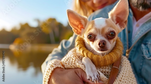 Chihuahua In A Stylish Sweater Held By Loving Owner Near Lake
