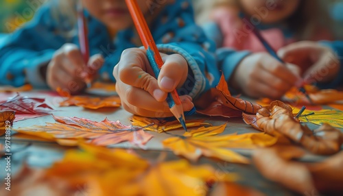 Fototapeta Naklejka Na Ścianę i Meble -  Warm classroom with children drawing autumn scenes, vibrant fall colors, creative activity, Autumn Art Class, Creative Learning