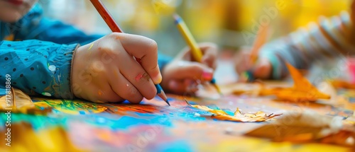 Autumn Art Class with children drawing vibrant fall scenes, creative activity in a warm classroom, Creative Learning photo