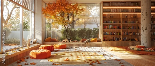 Classroom with cozy reading corner, autumnthemed decor, students engaged in reading, Autumn Reading Corner photo