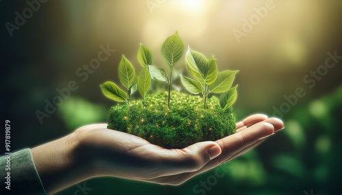 the small plants growing on a mossy surface held in a hand,  green moss with young plants sprouting from it, the environment and promoting a sustainable future photo