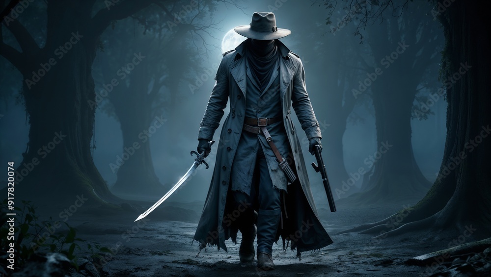 Mysterious Dark Forest Wanderer with Sword and Gun Mysterious Dark Forest Wanderer with Sword and Gun